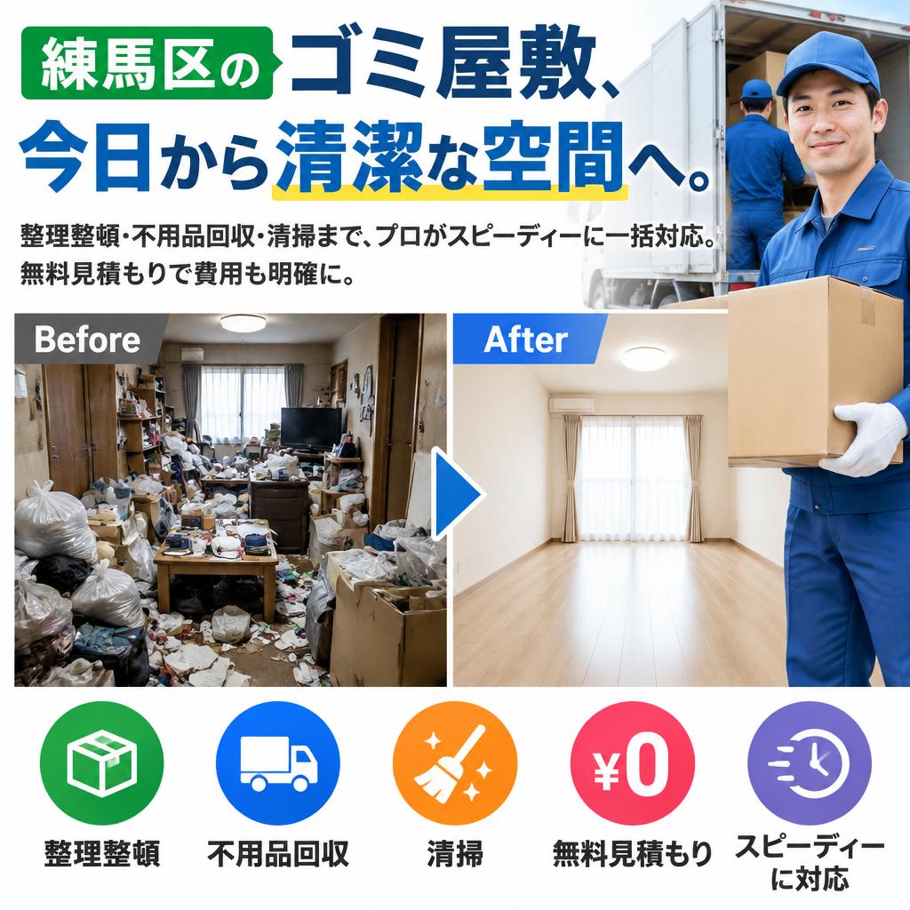 練馬区のゴミ屋敷、今日から清潔な空間へ。整理整頓・不用品回収・清掃まで、プロがスピーディーに一括対応。無料見積もりで費用も明確に。