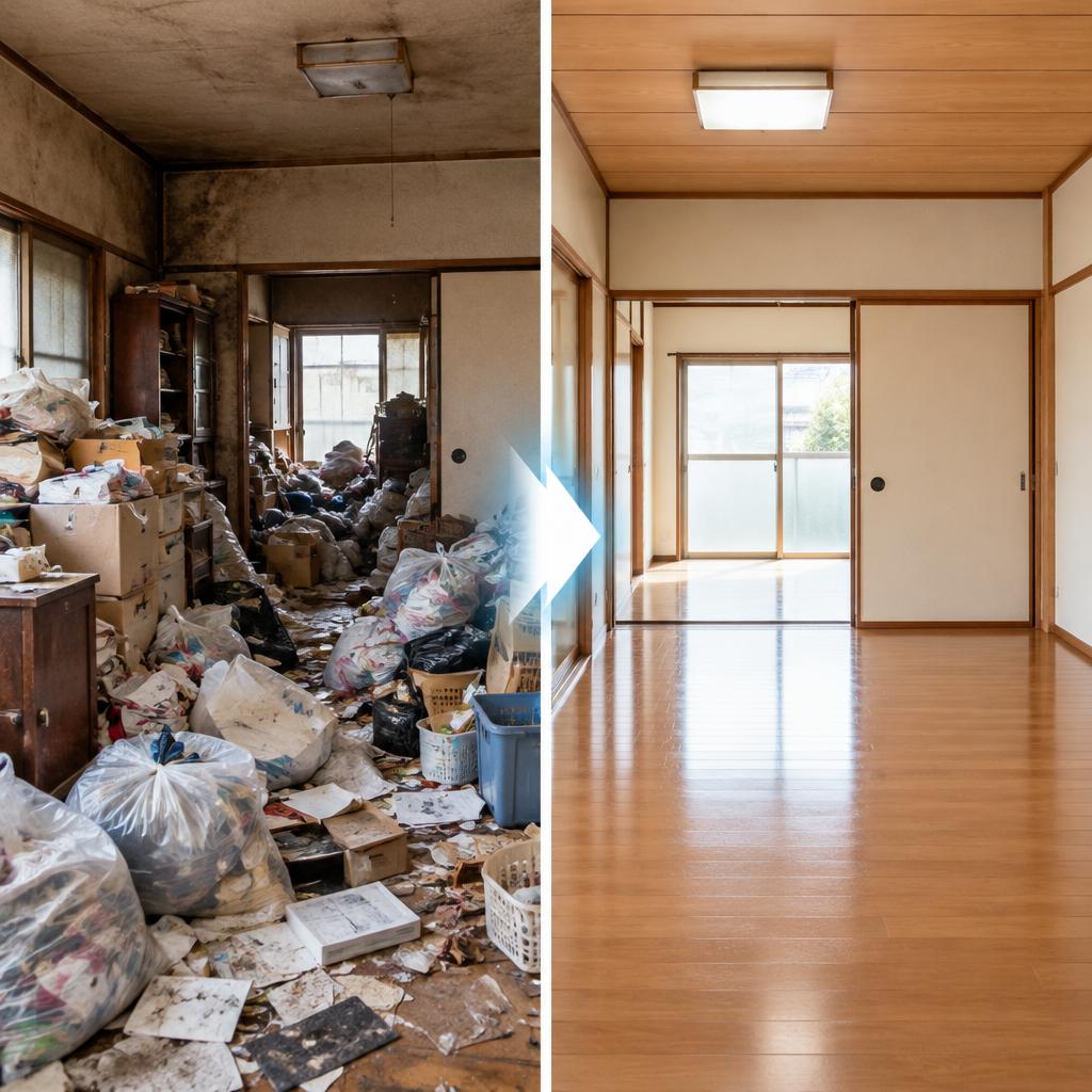 ゴミ屋敷も空き家も、今日からスッキリ。格安・明朗見積もりで、片付けから特殊清掃まで即日対応！