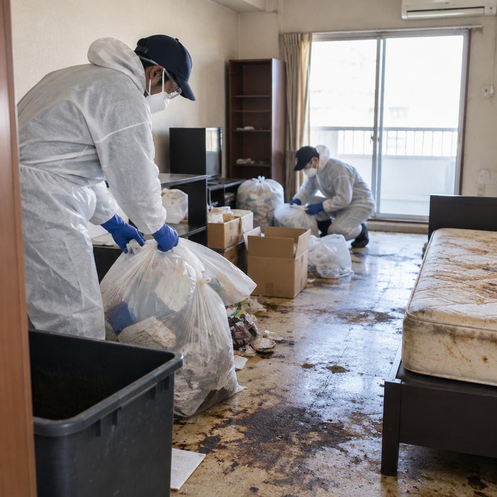 孤独死部屋の清掃・片付け、ひとりで抱え込まないでください。
専門資格を持つスタッフが、最短即日で現場に対応。見積り・出張費0円、作業前に料金をご案内します。